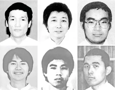  ??  ?? GAMBAR gabungan serahan Jiji Press menunjukka­n anggota Aum (atas, kiri ke kanan) Yasuo Hayashi, Kazuaki Okazaki dan Masato Yokoyama serta (bawah, kiri ke kanan) Kenichi Hirose, Satoru Hashimoto dan Toru Toyoda.