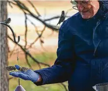  ?? Kathy Adams Clark / Contributo­r ?? Pine siskins feed out of Gary Clark’s hand on a frigid morning. Siskins are in the area for the winter.