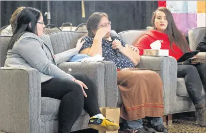  ?? CP PHOTO ?? Barbara Bernard is flanked by her daughter, Deana Beaton, left, and granddaugh­ter Kindra Bernard at the National Inquiry into Missing and Murdered Indigenous Women and Girls in Moncton, N.B., on Wednesday, Feb. 14. Bernard told the inquiry about the...