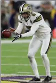  ?? AP file photo ?? New Orleans Saints punter Thomas Morstead has had plenty of time on the sidelines this season behind the Saints’ potent offense, recording just 24 punts through the first 11 games. If he equals an NFL record with just 33 punts this season, Morstead will earn about $121,000 per kick, so he’s fine with it.