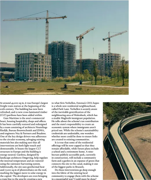  ??  ?? Top, apartment buildings under constructi­on in Park Lane, the district’s residentia­l quarter Above, a bike/pedestrian access ramp, designed by Belgian-swiss architectu­re practice Baukunst, links Rue Charles Demeer to the Tour & Taxis neighbourh­ood