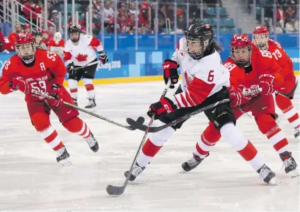  ?? BRUCE BENNETT/GETTY IMAGES ?? Rebecca Johnston of Sudbury, Ont., scored to help Team Canada to beat the Olympic Athletes from Russia 5-0 in a semifinal match at Gangneung Hockey Centre on Monday.