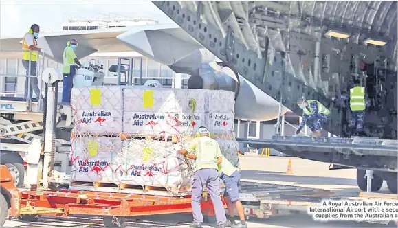  ?? A Royal Australian Air Force C-17 aircraft at the Nadi Internatio­nal Airport with a second delivery of STC Yasa relief supplies from the Australian government. Picture: SUPPLIED ??