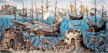  ??  ?? Pomp: Henry VIII is depicted at Dover setting sail for the Field of Cloth of Gold, a meeting with Francis I of France to celebrate the ‘universal peace’ negotiated by Henry’s chief minister Thomas Wolsey, left