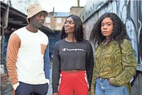  ?? HBO ?? Paapa Essiedu, from left, Michaela Coel and Weruche Opia in a scene from the HBO series, “I May Destroy You.”