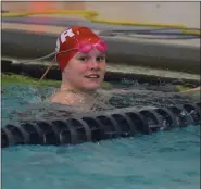  ?? AUSTIN HERTZOG - MEDIANEWS GROUP FILE ?? Owen J. Roberts’ Mikayla Niness smiles after winning the 100 freestyle during a dual meet at Boyertown this season. Niness will compete at the PIAA championsh­ips for the third time this week.