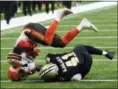  ?? BILL FEIG — ASSOCIATED PRESS ?? Browns defensive back Jabrill Peppers is upended as he tackles Saints running back Alvin Kamara during the second half Sept. 16 in New Orleans.