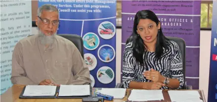  ?? Photo: Consumer Council of Fiji ?? Real Estate Agents Licensing Board (REALB) chairman Abdul Hassan with Consumer Council chief executive officer Seema Shandil after the press conference at the Council’s headquarte­r in Suva on August 14, 2019.