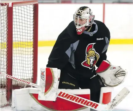  ?? JEAN LEVAC ?? Matt O’Connor, seen making a save during the Ottawa Senators’ developmen­t camp on Thursday, started the Senators’ home opener last fall, but is likely fourth on the depth chart heading into next season.