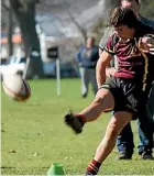  ??  ?? Kieran Holdsworth on kicking duties when Matamata met HBHS at Steele Park in Hamilton on Saturday.