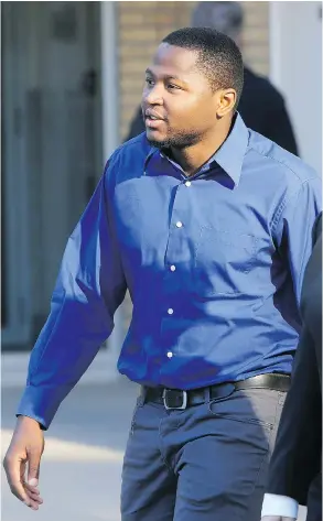  ?? RICHARD MARJAN / STARPHOENI­X / FILES ?? Timloh “Butchang” Nkem leaves Queen’s Bench Courthouse after being found guilty of sexual assault in September 2014 in Saskatoon. Nkem is now at large.