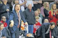  ?? [AP PHOTO/MITCH ALCALA] ?? Texas Tech head coach Chris Beard yells from the bench during Saturday's game against Oklahoma State. Beard, a former Seminole State coach, lobbied for former OSU coach Eddie Sutton to be inducted into the Hall of Fame.