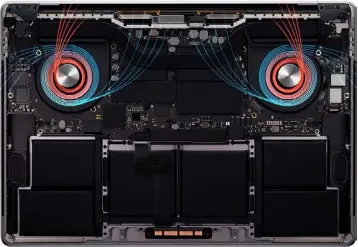  ??  ?? Das neue Hitzeleits­ystem im Macbook Pro 16 Zoll ermöglicht es dem Prozessor, länger unter Volllast zu laufen.
