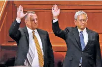  ??  ?? Ulisses Soares, left, of Brazil, and Gerrit W. Gong, who is Chinese-American, join a panel called the Quorum of the Twelve Apostles at the start of a twice-annual conference of The Church of Jesus Christ of Latter-day Saints Saturday. The Mormon church...