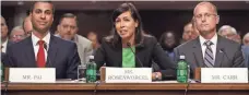  ?? CHIP SOMODEVILL­A, GETTY IMAGES ?? FCC Chairman Ajit Pai, left, and commission nominees Jessica Rosenworce­l and Brendan Carr testify before a Senate committee during their confirmati­on hearings July 19 in Washington, D.C. Pai has been nominated for a second five-year term.