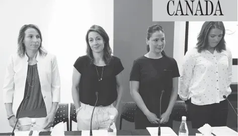  ?? GRAHAM HUGHES / THE CANADIAN PRESS ?? Victims of Bertrand Charest, from left, Amélie-Frédérique Gagnon, Gail Kelly, Anna Prchal and Geneviève Simard at a news conference Monday.