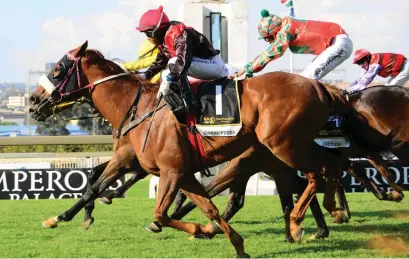  ?? Picture: JC Photograph­ics ?? TOP RIDE. Coral Fever gets up on the line under Muzi Yeni to win the R1-million Peermont Emperors Palace Charity Mile (Grade 3) at Turffontei­n on Saturday.