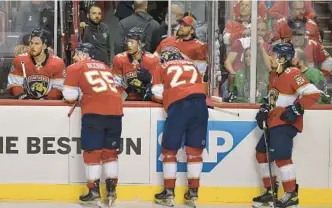  ?? MICHAEL LAUGHLIN/SOUTH FLORIDA SUN SENTINEL ?? Panthers players react to giving up a goal to the Lightning during the third period of Game 2 on Thursday in Sunrise.