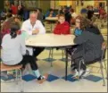  ?? TAWANA ROBERTS — THE NEWSHERALD ?? Kyle Rhodes, who is a chemist in the Avery Dennison research and developmen­t department, listens to sixth-graders brainstorm ideas about Willy Wonka’s new gum as part of a project-based learning activity Dec. 4 at Wickliffe Middle School.