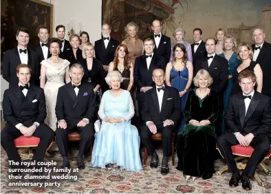  ??  ?? The royal couple surrounded by family at their diamond wedding anniversar­y party