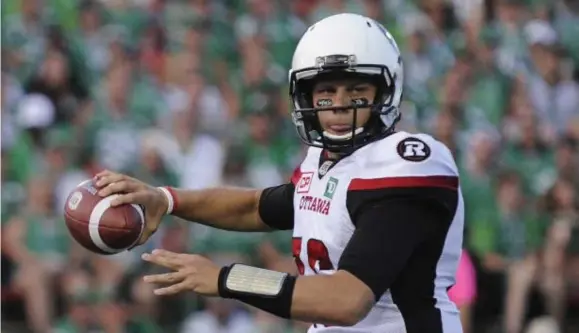  ?? MARK TAYLOR/THE CANADIAN PRESS ?? Redblacks third-string quarterbac­k Brock Jensen impressed last week, completing 20-of-29 passes for 271 yards and two touchdowns without an intercepti­on, in a loss to Saskatchew­an.