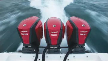 ??  ?? Evinrude is the lone manufactur­er of 2-stroke outboards, which have better bottom-end torque.