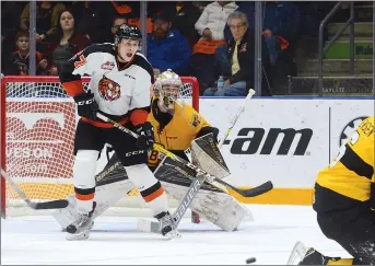  ?? NEWS PHOTO RYAN McCRACKEN ?? Medicine Hat Tigers forward Mark Rassell looks to deflect a puck on Brandon Wheat Kings goaltender Logan Thompson in Game 1 of the WHL’s Eastern Conference quarter-finals, Friday at the Canalta Centre.