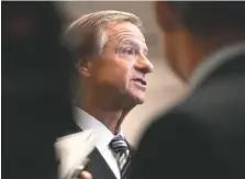  ?? STAFF FILE PHOTO BY ERIN O. SMITH ?? Gov. Bill Haslam speaks to the media following a Chattanoog­a Rotary Club meeting in 2017. Haslam said Thursday he would like to see the White House stay out of primary races.