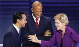  ?? Photograph: Joe Raedle/Getty Images ?? The Democratic presidenti­al candidates Julián Castro, Cory Booker and Elizabeth Warren in Florida during a debate in June.