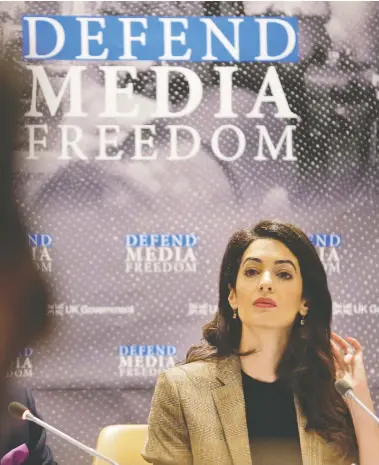  ?? SETH WENIG/THE ASSOCIATED PRESS ?? A panel headed by human rights lawyer Amal Clooney and including former justice minister Irwin Cotler has found that press freedom is increasing­ly endangered, and recommende­d sanctions against offending regimes.