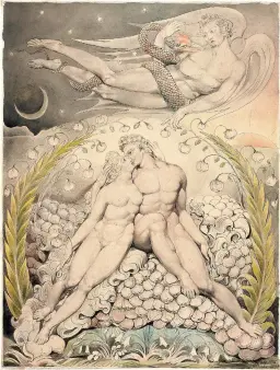  ??  ?? ‘Satan Watching the Caresses of Adam and Eve’; illustrati­on by William Blake for John Milton’s Paradise Lost, 1808