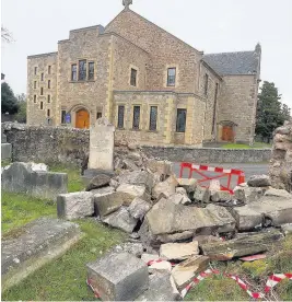  ??  ?? Damage The wall at entrance to the cemetery at St Ninians Old Parish Church, above and left, was reduced to rubble