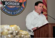  ?? RON MEDVESCEK/ ARIZONA DAILY STAR ?? Gov. Doug Ducey speaks in Tucson on Sept. 17, 2018, about the Border Strike Force's seizure of
225 pounds of methamphet­amine by troopers during three traffic stops on southern Arizona freeways.