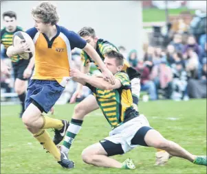  ?? JASON SIMMONDS/ JOURNAL PIONEER ?? Aydan Kinch of the Westisle Wolverines attempts to break a tackle attempt by the Three Oaks Axemen’s Cole Gallant during second- half action Thursday evening. The host Axemen defeated the Wolverines 24- 5 in the opening game of the 22nd annual David...