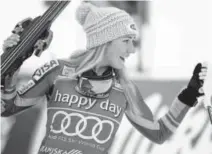  ?? The Associated Press ?? EagleVail’s Mikaela Shiffrin celebrates Sunday after winning a World Cup slalom in Kranjska Gora, Slovenia. “I felt so clean and aggressive on the first run,” she said.