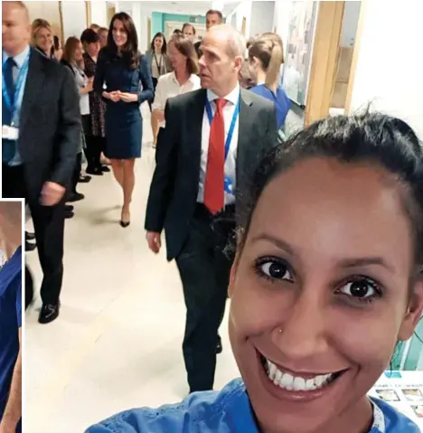  ??  ?? Beam: Nurse Ellie poses for a selfie as the VIP tours King’s College Hospital in London yesterday