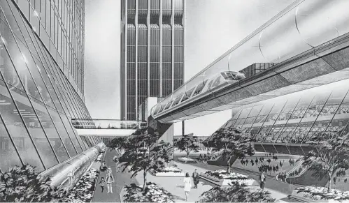  ?? Houston Chronicle file photo ?? A 1970 concept drawing of Houston Center’s three-dimensiona­l people-moving systems. People movers were intended to substitute for cars — moving sidewalks at lower left and people mover main transport at upper right.