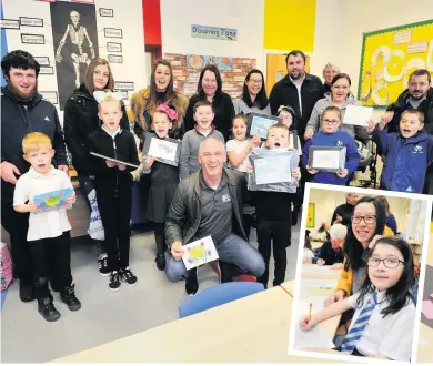  ??  ?? Good fun Andy McLaren visited the pupils on behalf of the Kris Boyd Charity. Inset shows Iona Kan with Alice