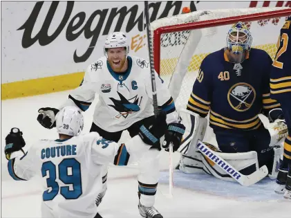  ?? JEFFREY T. BARNES — THE ASSOCIATED PRESS ?? Joe Pavelski, who brought the Sharks back from a 2-0deficit, celebrates one of his two third-period goals that sent the game to overtime.