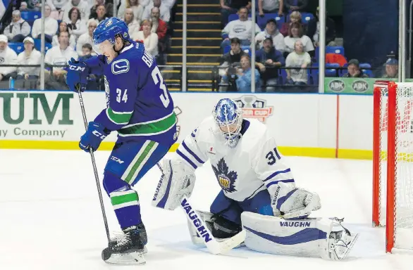  ?? LINDSAY A. MOGLE/UTICA COMETS ?? Carter Bancks and the Utica Comets scored a 5-2 win Wednesday in Game 3 of their series against the Toronto Marlies and trail the best-of-five series 2-1.