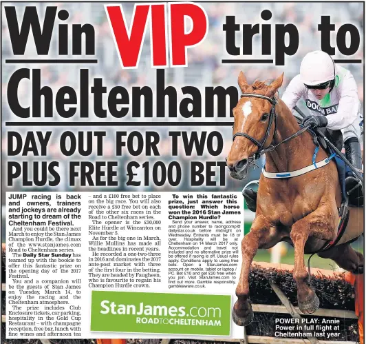  ??  ?? JUMP racing is back and owners, trainers and jockeys are already starting to dream of the Cheltenham Festival. POWER PLAY: Annie Power in full flight at Cheltenham last year