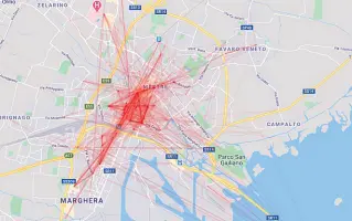  ??  ?? La mappa
I viaggi fatti con le biciclette del nuovo servizio di bike sharing. Diverse le corse fino all’ospedale e a Marghera