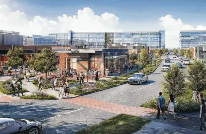  ?? Courtesy StreetLeve­l Investment­s ?? A 2018 rendering of the Grid shows the mixed-use developmen­t underway on the former Texas Instrument­s campus in Stafford.