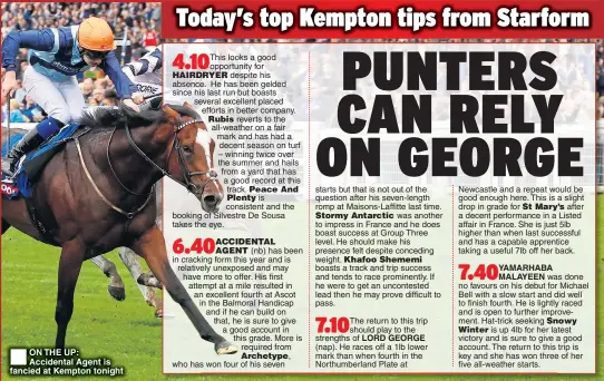  ??  ?? ON THE UP: Accidental Agent is fancied at Kempton tonight 7.10 The return to this trip should play to the strengths of LORD GEORGE (nap). He races off a 1lb lower mark than when fourth in the Northumber­land Plate at Newcastle and a repeat would be good...