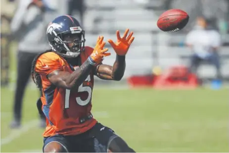  ??  ?? Broncos receiver Marlon Brown makes a catch during a joint practice with the 49ers on Thursday.