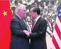  ?? Mark Schiefelbe­in / AP Photo ?? US secretary of state Rex Tillerson and Chinese foreign minister Wang Yi held talks in Beijing yesterday.