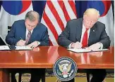  ??  ?? 韓國總統文在寅與美國­總統特朗普週一在紐約­樂天紐約酒店簽訂美韓­之間的自由貿易協議。（歐新社照片）