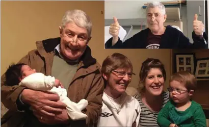  ??  ?? John Patrick holding granddaugh­ter Aoife, who was born just months after his transplant procedure. He is joined (left to right) by wife Joan, daughter Neasa, and grandson Jack. INSET: John Patrick gives two thumbs up after his operation.