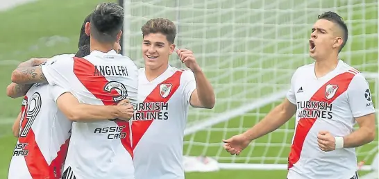  ?? Mauro alfieri ?? Festeja river uno de los cuatro goles que le marcó a aldosivi: la mejor propulsión para ir a la Bombonera el domingo