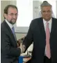  ?? — AFP ?? NHCR chief Zeid Ra'ad Al Hussein ( left) shakes hands with Sri Lanka’s Prime Minister Ranil Wickremesi­nghe ahead of a meeting in Colombo on Tuesday.